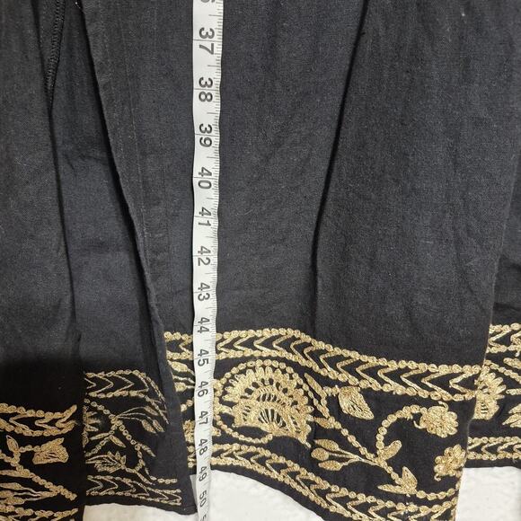 Roller Rabbit Embroidery Maxi Dress XS Black Gold 3/4 Sleeve Pocket Slits Kaftan - Picture 4 of 12